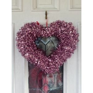 14” Pink Tinsel Heart Valentines Day Wreath Door Hanger Wall Decor
